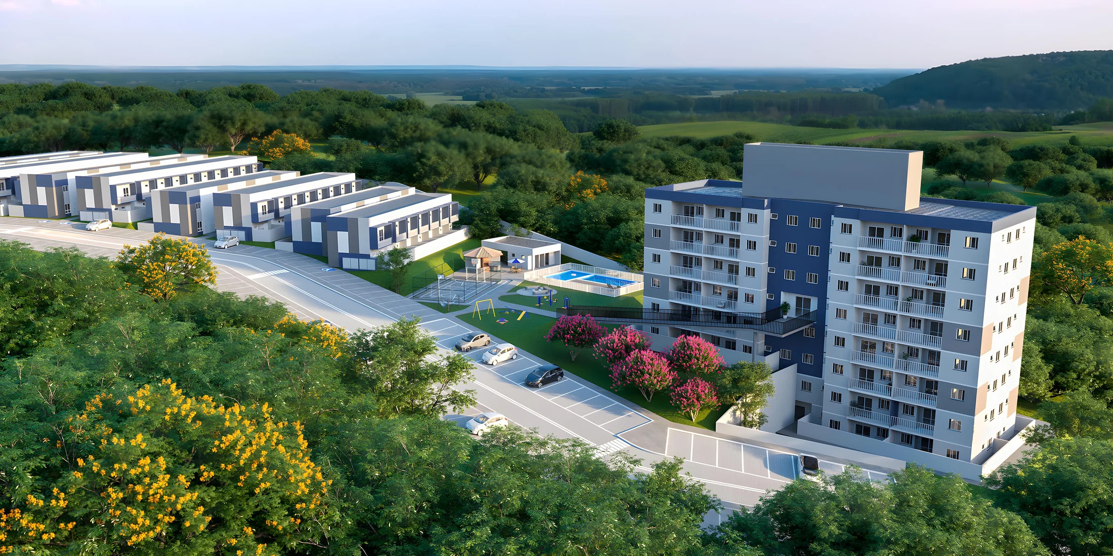 Perspectiva oficial do Oasis, com casas, apartamentos e áreas comuns